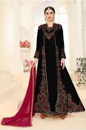 Embroidered Anarkali Suit in Black Faux georgette AS3415
