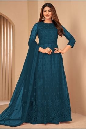 Teal  Net Embroidered Anarkali Suit with Dupatta AS3417