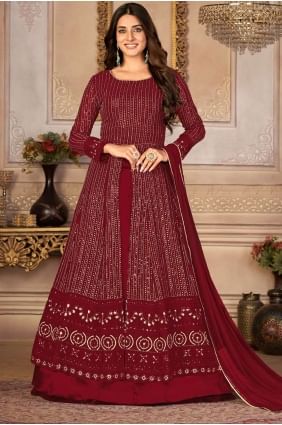 Faux georgette Embroidered Anarkali Suit in Maroon with Dupatta AS3430