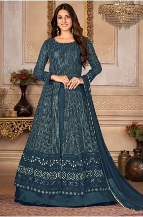 Faux georgette Anarkali Suit with Embroidered in Teal AS3432