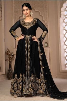 Faux georgette Black Eid Anarkali Suit in Embroidered AS3433
