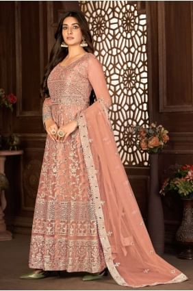 Net Peach Anarkali Suit in Embroidered AS3446