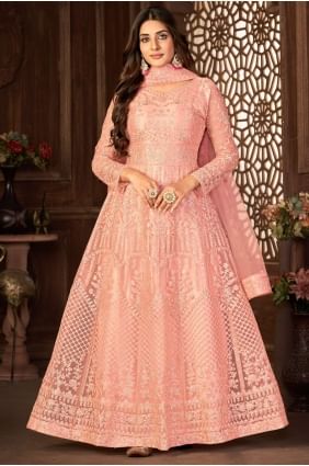 Peach Anarkali Suit in Net with Embroidered AS3449
