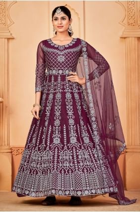 Embroidered Net Eid Anarkali Suit in Purple AS3463