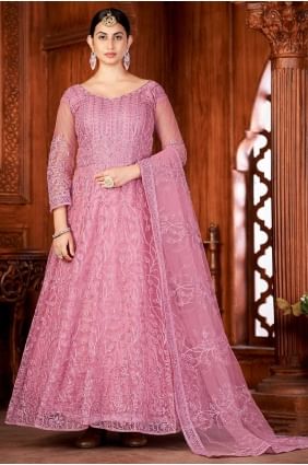 Embroidered Net Eid Anarkali Suit in Dusty  with Dupatta AS3468