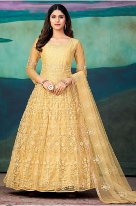 Embroidered Net Dark chiku  Eid Anarkali Suit with Dupatta AS3469