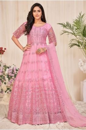 Light pink Embroidered Net Eid Anarkali Suit AS3473