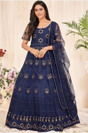 Navy blue Embroidered Net Eid Anarkali Suit AS3474