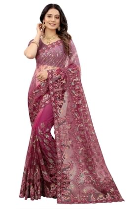 Wine  Embroidered Net Saree SR23959