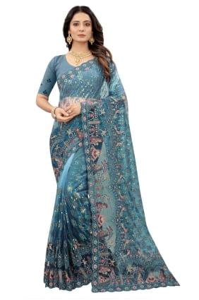 Embroidered Saree in Blue Net SR23960
