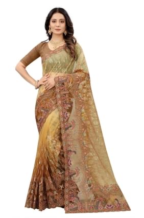 Net Mustard  Saree in Embroidered SR23964