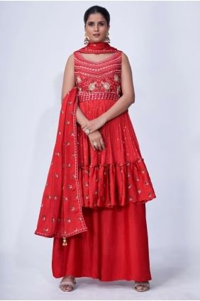 Mirror Chiffon Sharara Suit in Red SS0980