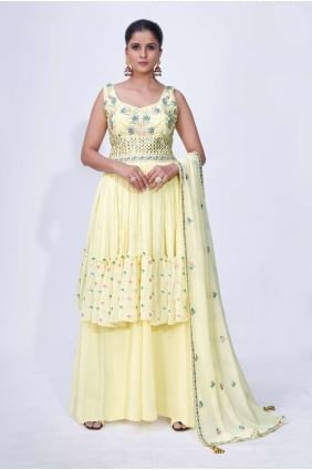 Sharara Suit in Lime yellow Chiffon with Mirror SS0982