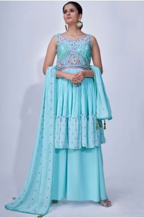 Mirror Chiffon Sharara Suit in Aqua SS0986