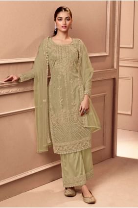 Embroidered Eid Salwar Kameez in Beige Net SK152876