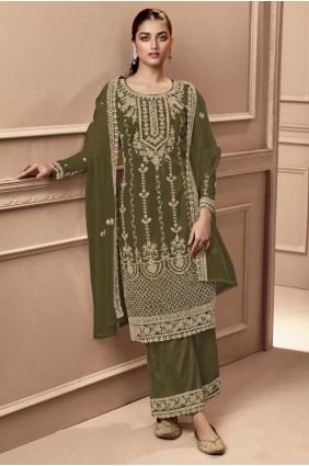 Embroidered Eid Salwar Kameez in Mehndi  Net SK152882