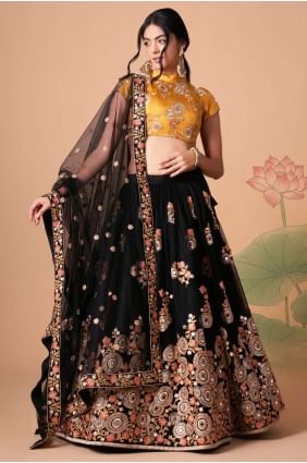 Embroidered Soft net Lehenga Choli in Black with Dupatta LC6540