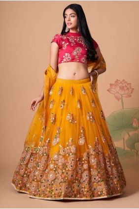 Embroidered Lehenga Choli in Yellow Soft net LC6547