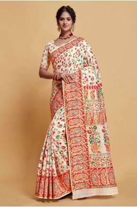 White Saree in Silk with Weaving SR24023