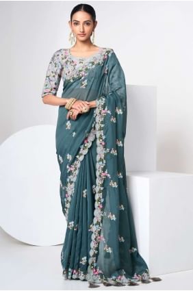Zari,thread Organza Olive  Saree with Blouse SR24027