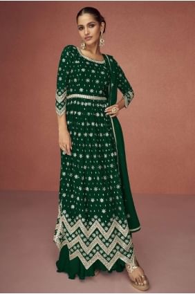 Georgette Green Eid Anarkali Suit in Embroidered AS3519
