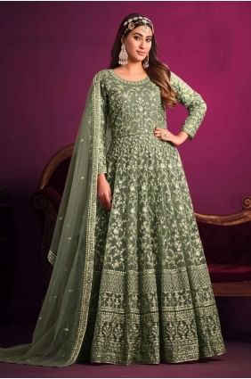 Eid Anarkali Suit Green in Net with Embroidered AS3523