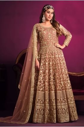 Embroidered Eid Anarkali Suit in Light brown Net AS3525