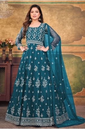 Embroidered Net Anarkali Suit in Teal  with Dupatta AS3526