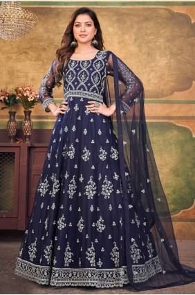 Anarkali Suit Net  with Embroidered in Blue AS3528