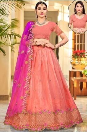 Embroidered Lehenga Choli in Peach Organza LC6599