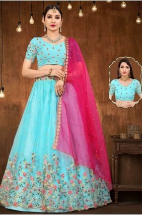 Organza Lehenga Choli in Aqua  with Embroidered LC6601