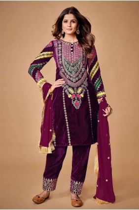 Velvet Thread Wine  Pakistani Suit with Dupatta SK153062