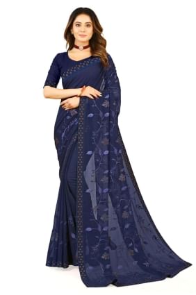 Embroidered Blue Party Wear Georgette Saree with Blouse SR24098