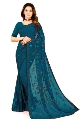 Georgette Party Wear Saree with Embroidered in Teal SR24101