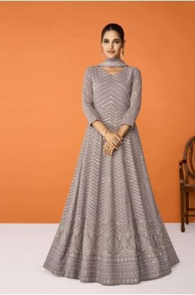 Beige Embroidered Georgette Anarkali Suit AS3566