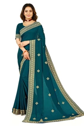 Georgette Zari,embroidered Blue Saree with Blouse SR24119