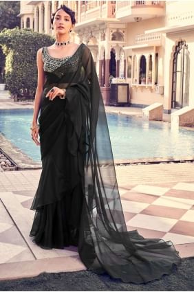 Black Party Wear Saree in Sequins,thread Georgette SR24130