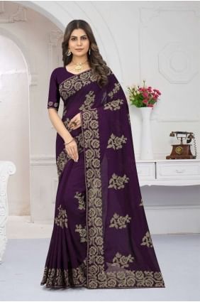 Embroidered Purple Silk  Saree with Blouse SR24437