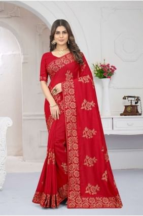 Saree in Embroidered Red Silk SR24438