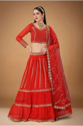Georgette Embroidered Red Wedding Lehenga Choli with Dupatta LC6833