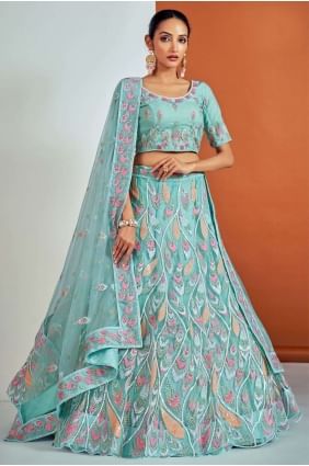 Printed Soft net Lehenga Choli in Turquoise LC6855
