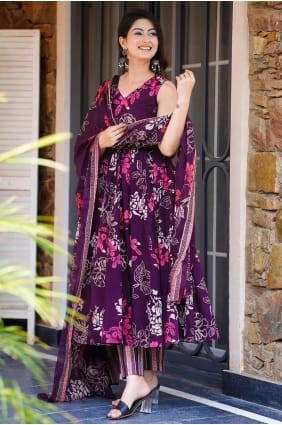 Muslin Digital print Purple Anarkali Suit with Dupatta AS4155