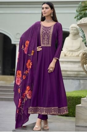 Embroidered Anarkali Suit in Purple Silk AS4127