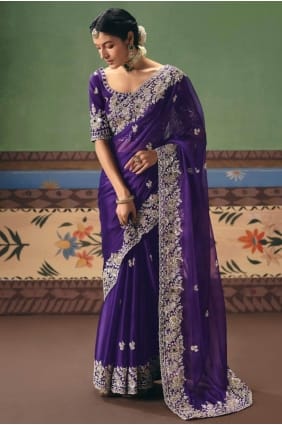 Sequins,stone with moti Art silk Saree in Purple with Blouse SR29701