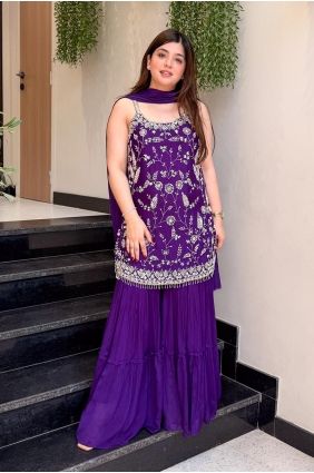 Sharara Suit in Purple Chinon chiffon with Embroidered SS1393