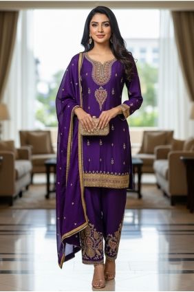 Chinon chiffon Purple Salwar Kameez in Embroidered SK15866