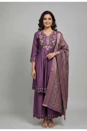 Cotton Purple Anarkali Suit in Embroidered AS4164