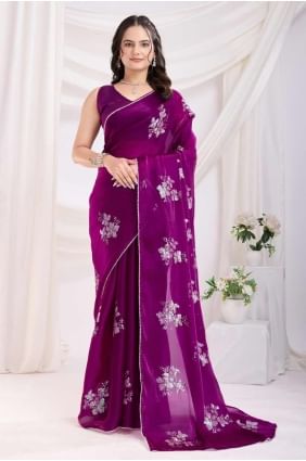 Purple Embroidered Jam satin Saree SR28171