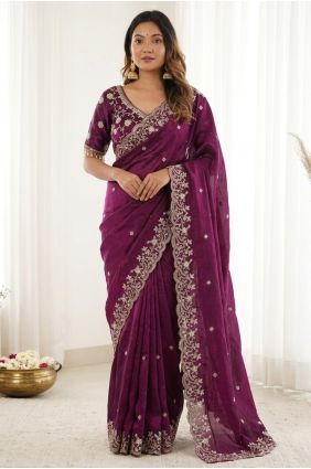 Embroidered Saree in Purple Satin SR30199