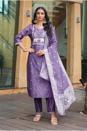Embroidered Silk Salwar Kameez in Purple SK155973